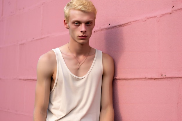 Portrait of a handsome young man with blond hair in a white Tshirt on a pink background