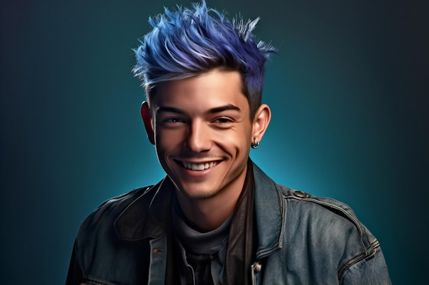 Portrait of a handsome young man with blue hair and a leather jacket