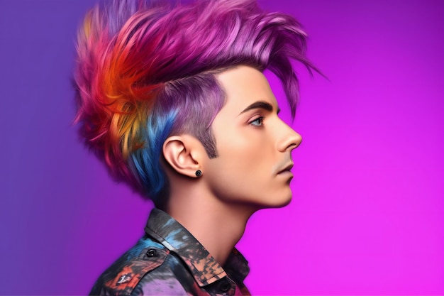 Portrait of a handsome young man with colorful hair Men's beauty fashion