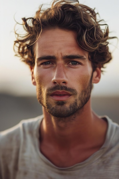 Portrait of a handsome young man with curly hair on the beach