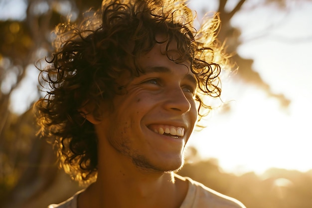 Portrait of a handsome young man with curly hair smiling outdoors