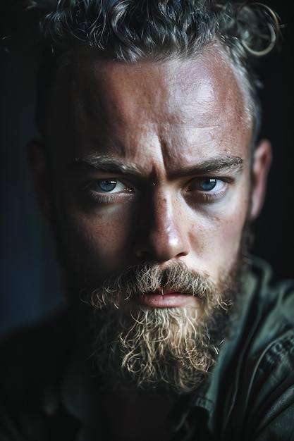 Portrait of a handsome young man with a long beard and mustache