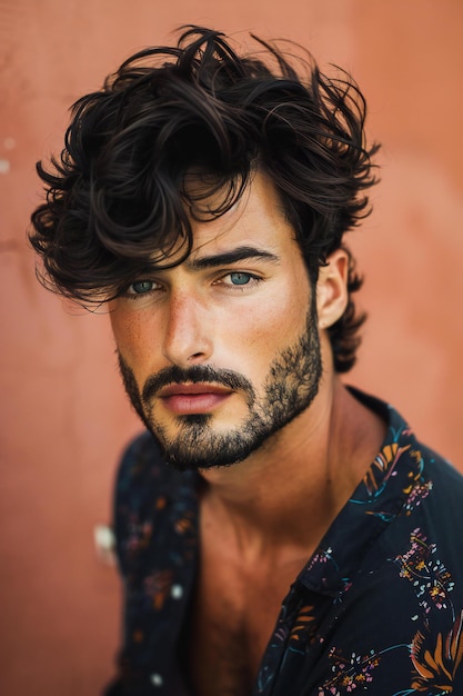 Portrait of a handsome young man with long black curly hair