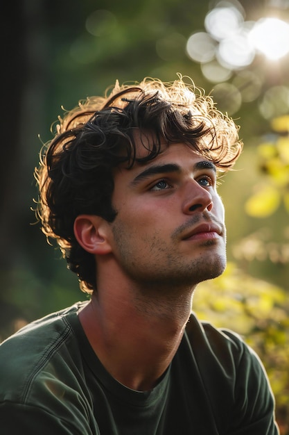 Portrait of a handsome young man with long curly hair in a green shirt