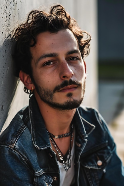 Portrait of a handsome young man with long curly hair wearing a denim jacket looking at the camera