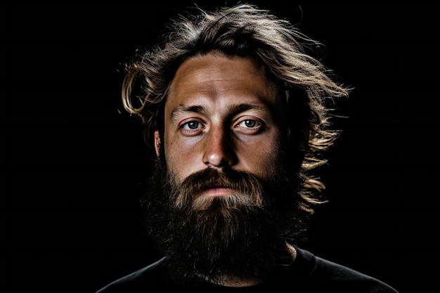 Portrait of a handsome young man with long hair and beard on black background