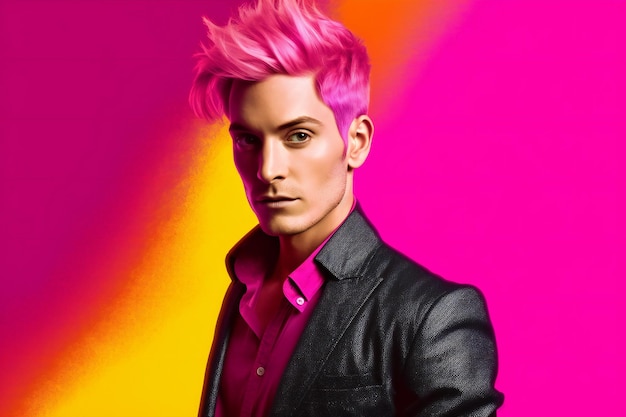 Portrait of a handsome young man with pink hair Men's beauty fashion