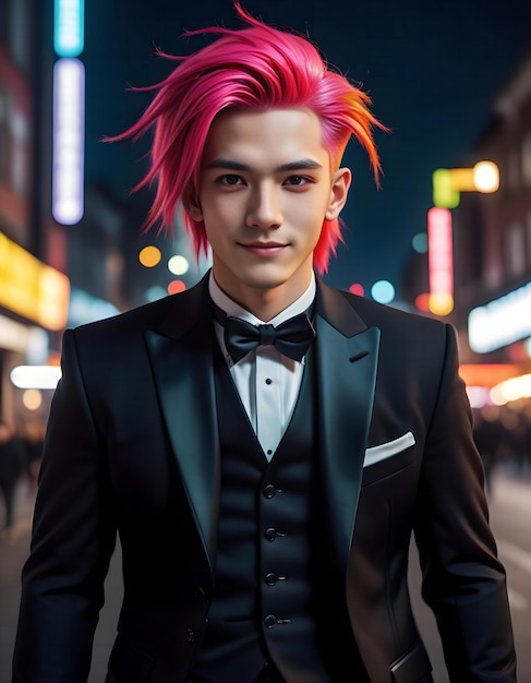 Portrait of a handsome young man with pink hair and tuxedo in the city at night