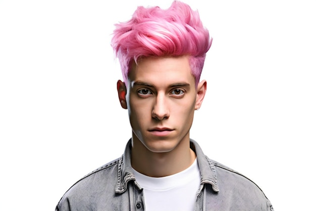 Portrait of a handsome young man with pink hair on white background