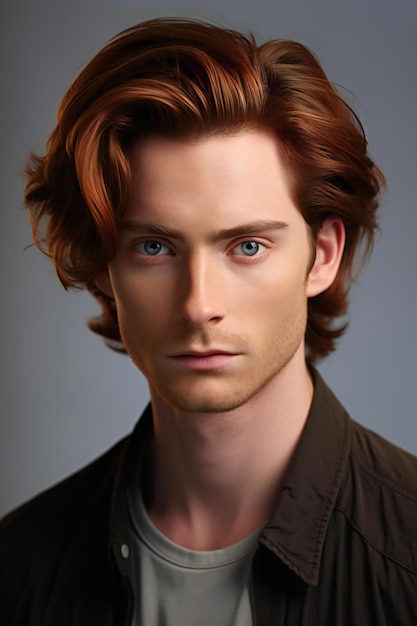 Portrait of a handsome young man with red hair on grey background