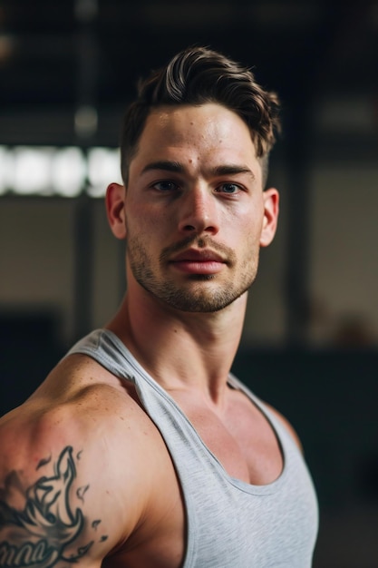 Portrait of a handsome young man with tattoos on his arms in a gym