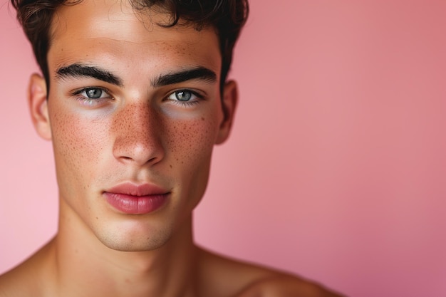 Portrait of a handsome young man with a trendy hairstyle on a soft pink background exuding confiden