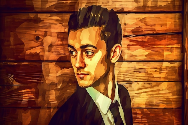 Portrait of a handsome young man on wooden background Digital painting