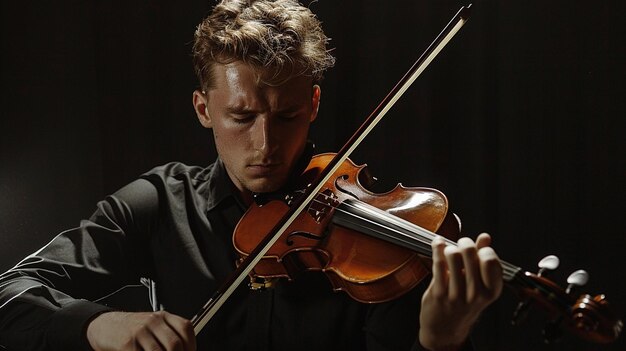 Photo portrait of handsome young musician playing violin in studio