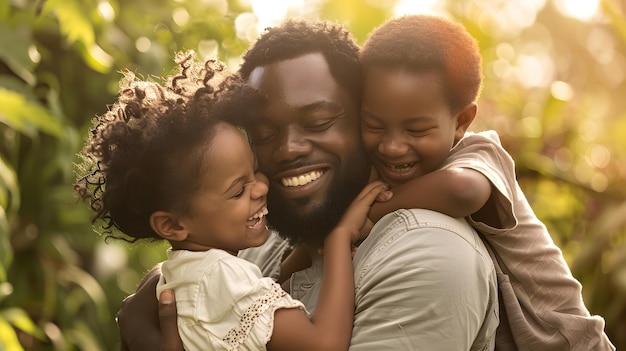 Portrait of happy african american couple with son and daughter embracing in garden Generative AI