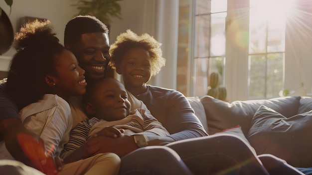 Portrait of happy african american couple with son and daughter on sofa at home life Generative AI