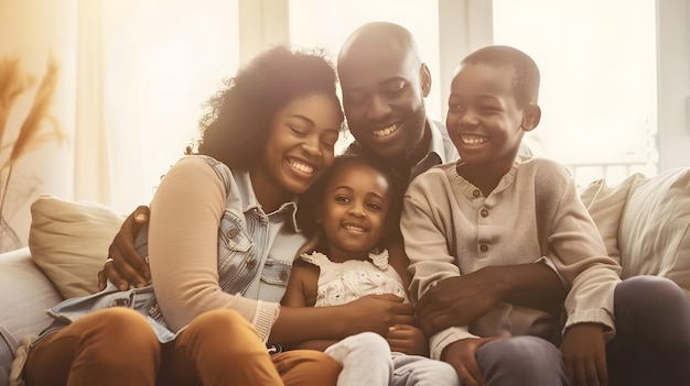 Portrait of happy african american couple with son and daughter on sofa at home life Generative AI