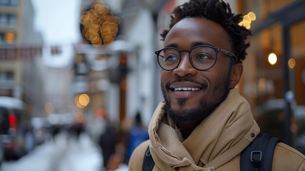 Portrait of happy African American man on city street with copy space