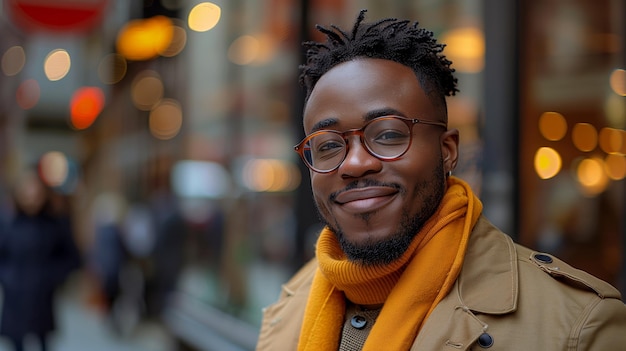 Portrait of happy African American man on city street with copy space