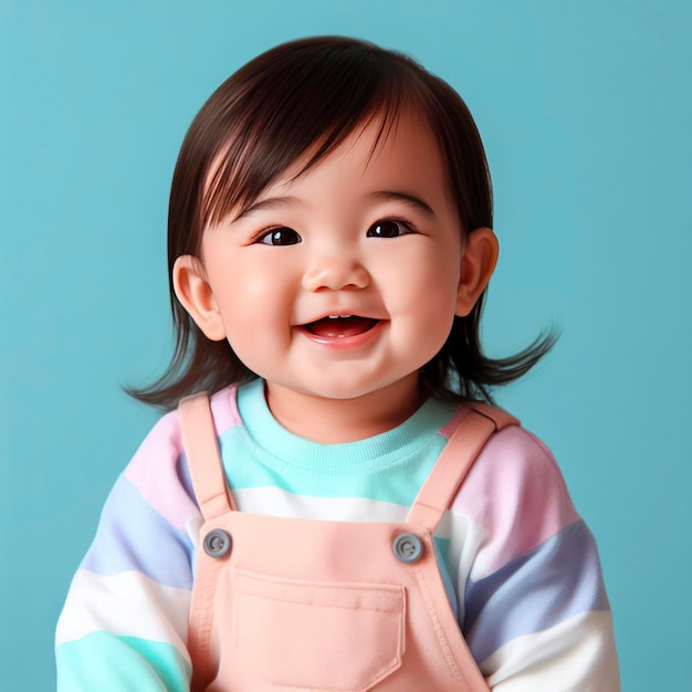 Portrait of happy asian baby in color clothing on color background ai generative