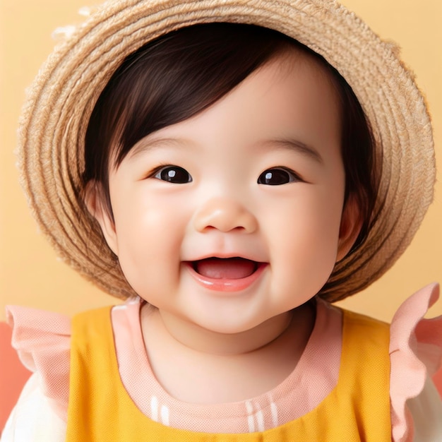 Portrait of happy asian baby in color clothing on color background ai generative