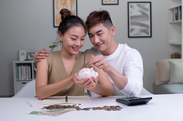 Portrait of a happy Asian couple at home saving money in a piggybank Happy woman and man couple at home saving money in a piggybank and smiling