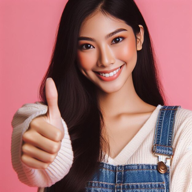 Portrait happy Asian cute woman shows thumb up and looking at the camera on pink background