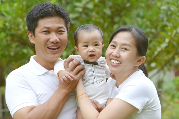 Portrait of happy asian family playing In garden.Concept of family relaxation.