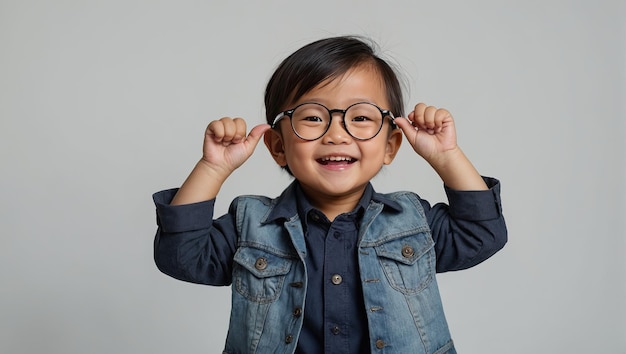 Photo portrait of a happy asian kid preschooler with glasses on a solid gray background back to school correction of pupil kid eyesight ai generated