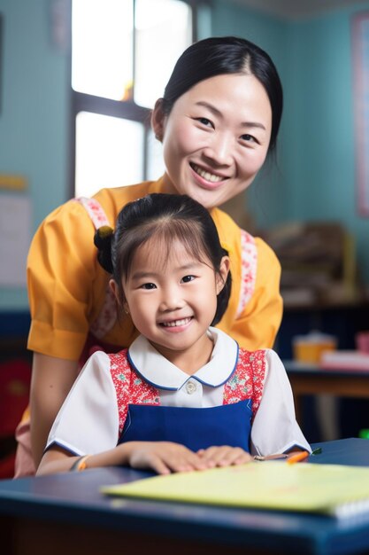 Portrait of happy asian little girl smiling in classroom with her teacher created with generative ai