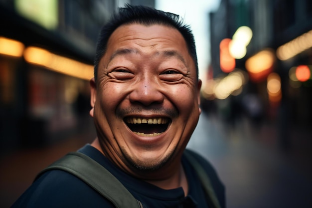 Portrait of a happy Asian man laughing in the city at night