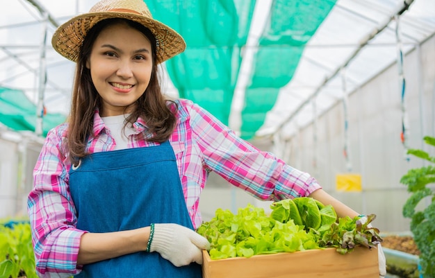 Portrait of happy Asian woman farmer holding basket of fresh vegetable salad in an organic farm