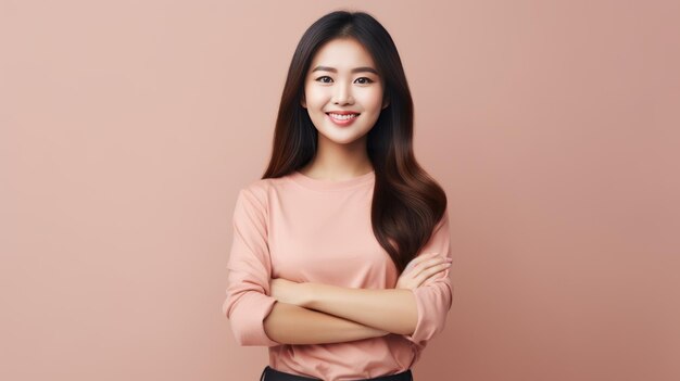 Portrait of happy asian woman smiling posing confident cross arms on chest standing against studio