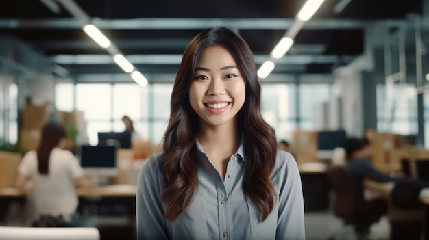 Portrait of happy asian woman smiling standing in modern office space