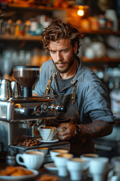 Portrait of happy barista standing at counter in coffee shop