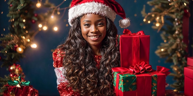 portrait of a happy beautiful African American girl in santa hat