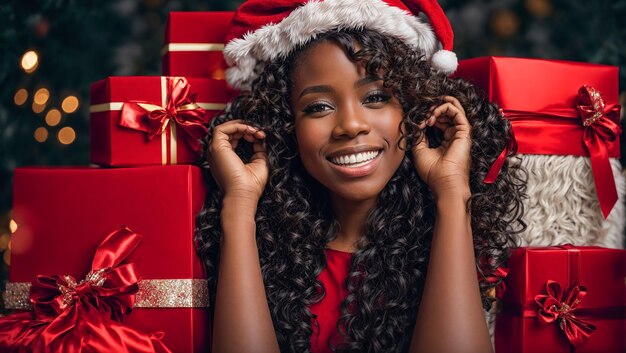 portrait of a happy beautiful African American girl in santa hat