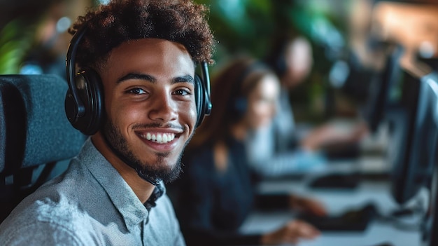 Portrait of happy biracial businessman using phone headset and smiling at office