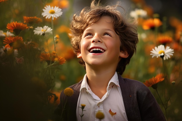 Portrait of a Happy Boy amid Blossoms