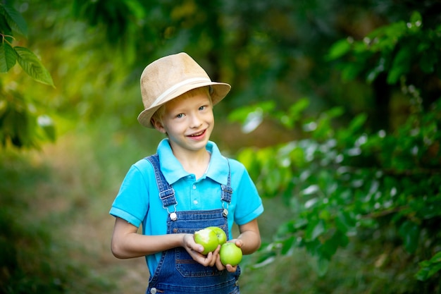 Portrait of a happy boy six years old in blue clothes and hat in a garden with Apple trees