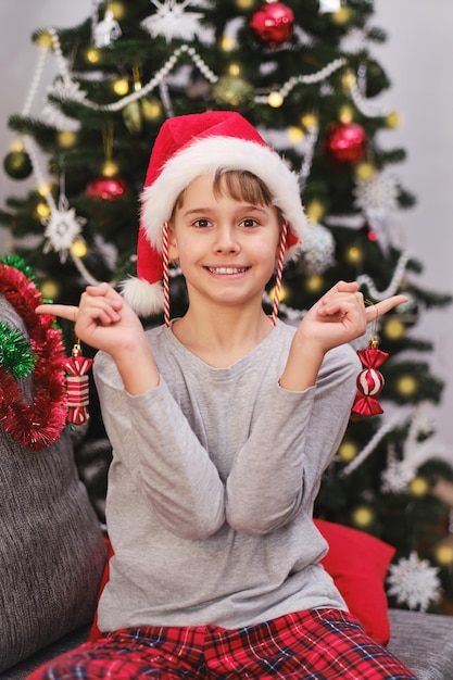 Portrait of a happy boy with Christmas decorations in his hands