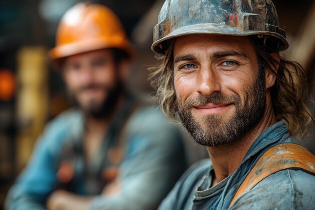 Photo portrait of a happy building contractor and worker smiling together at the construction site