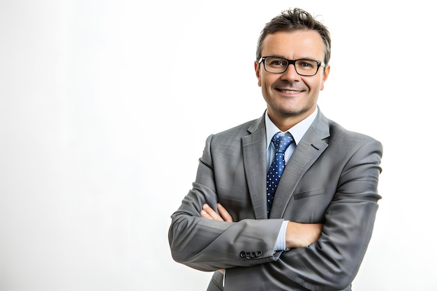 Portrait of a happy business man standing with arms crossed against grey background