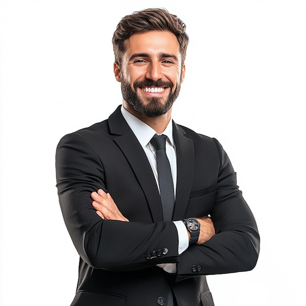 A Portrait of a happy business Man on suit crossed arms white background