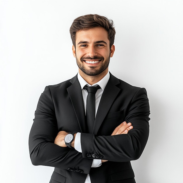 A Portrait of a happy business Man on suit crossed arms white background