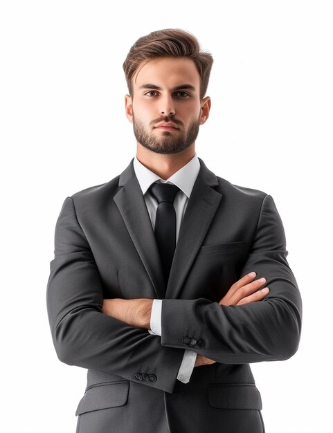 Photo a portrait of a happy business man on suit crossed arms white background