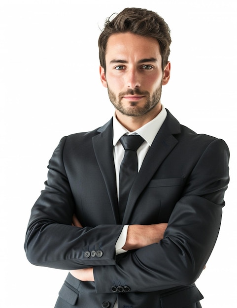 Photo a portrait of a happy business man on suit crossed arms white background