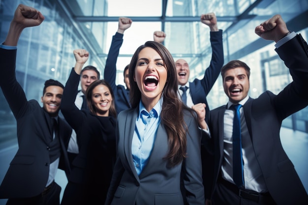 Portrait of happy business people with arms raised celebrating success in office