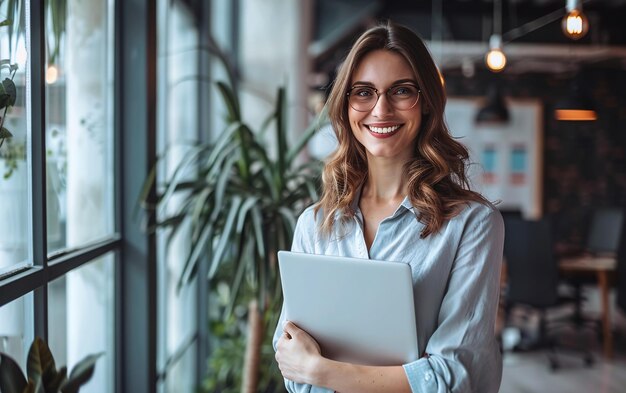 Portrait of happy business woman with touchpad in office