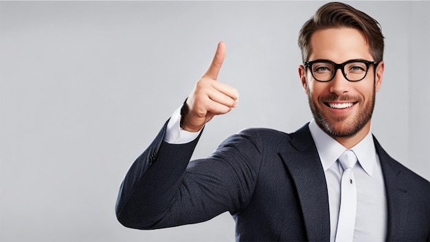 Portrait of a happy businessman in eyeglasses pointing finger away over white wall